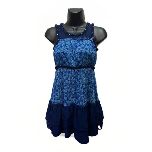 Justice Juniors Size 10 Blue Floral Ruffle Chiffon Sleeveless Dress Flowy Ruffle - Picture 1 of 7